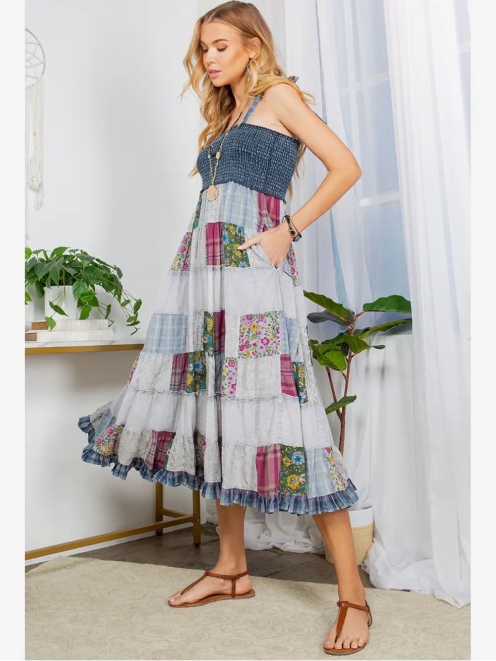 NWT Young Threads Patchwork Boho Smocked Midi Dress Blue Floral Cottagecore Fes - Picture 14 of 16